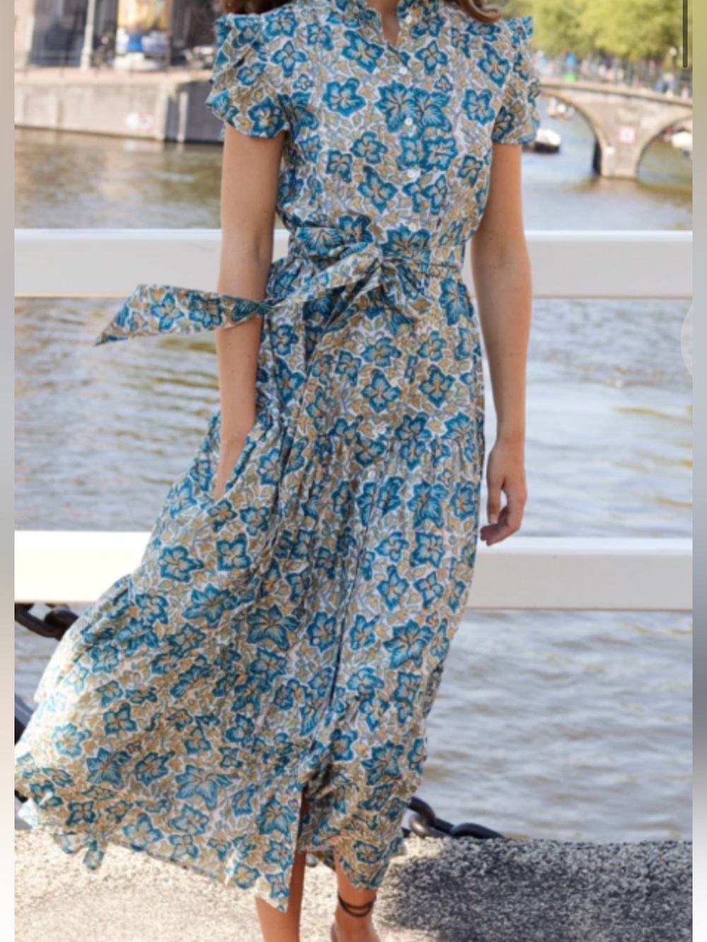 Oliphant Blue and Cream Floral Tie-Waist Kids Dress